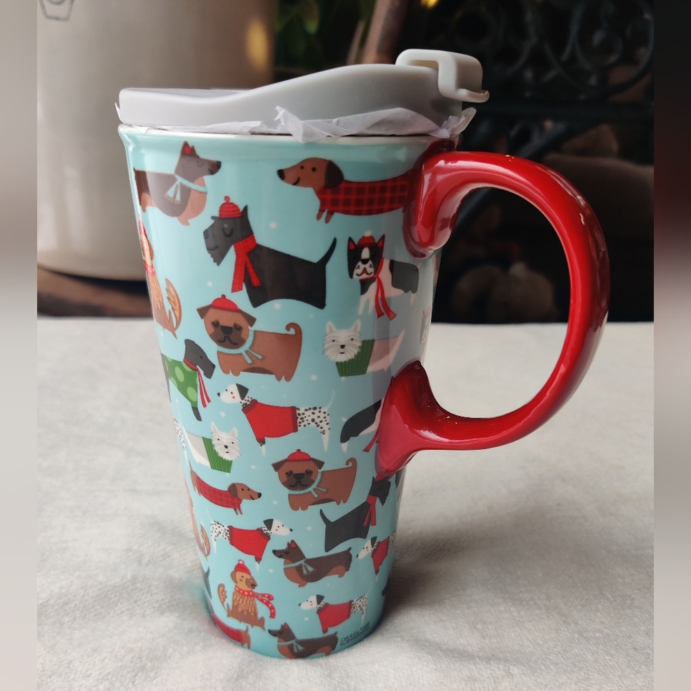 Dog Lover Travel Mug Festive Fido's Perfect Ceramic 17 Oz New Evergreen Cypress